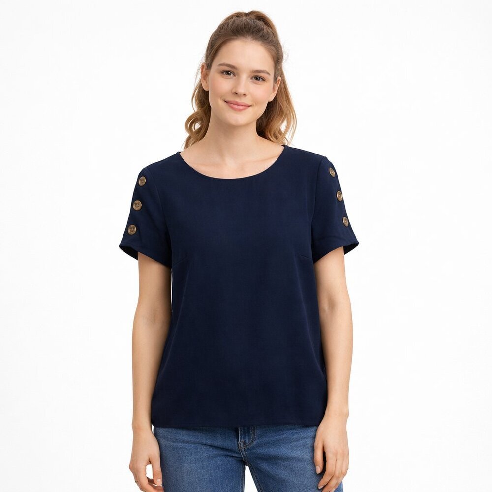 SPENSE Navy Short Sleeve Button Shoulder Top | Size M